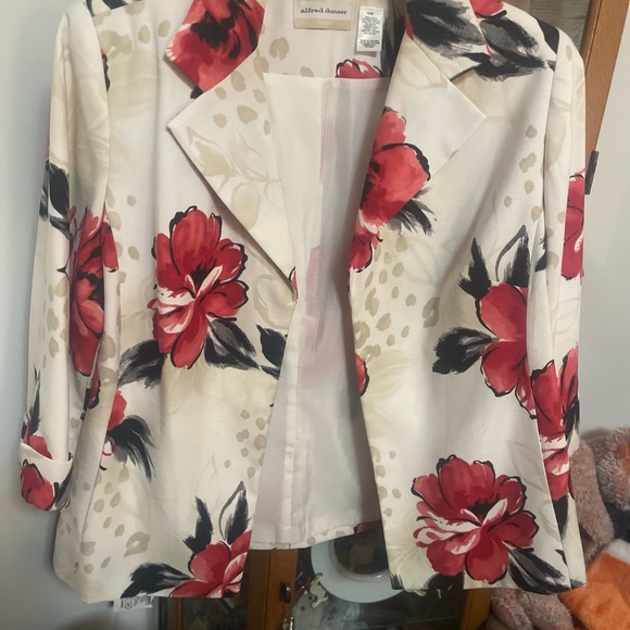 Alfred Dunner Women's Floral Blazer Jacket Size 16W White Red Open Front Lined - Picture 2 of 8